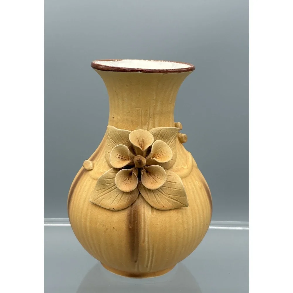 Vintage Mustard Yellow Flower Vase Floral Design Handmade Ceramic Pottery  7